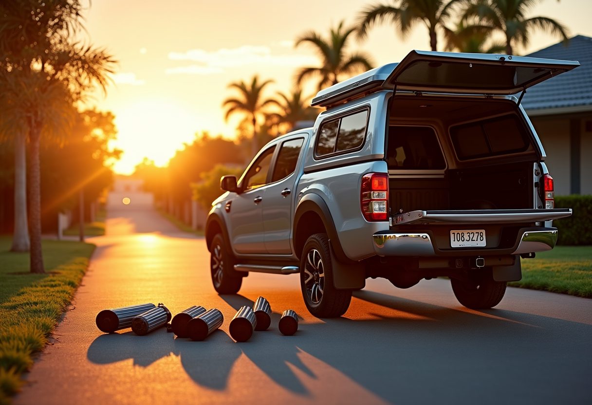 Technician ute with parts laid out at sunset — Camp Hill